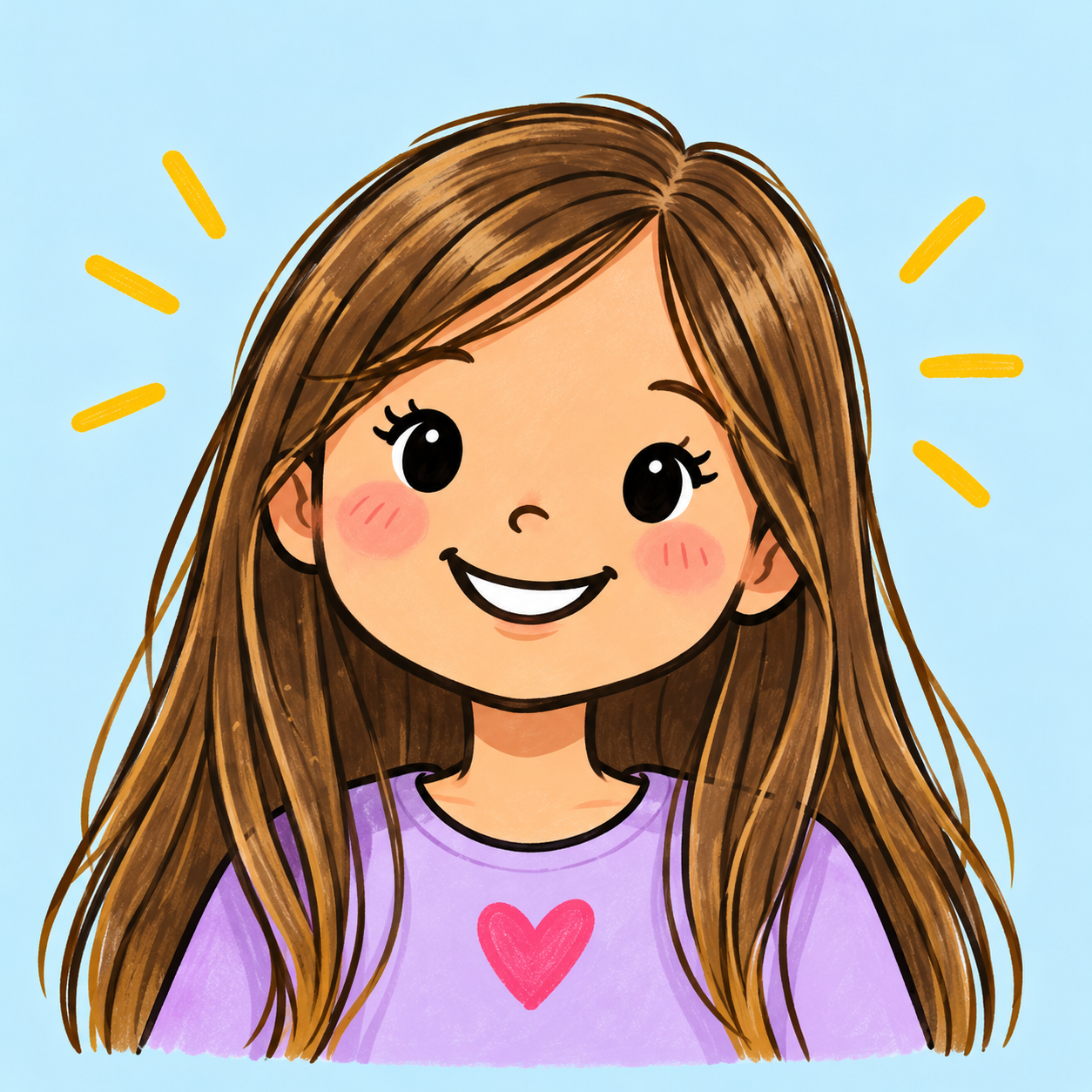 Illustrated portrait of Meadow smiling, with long brown hair and a purple shirt with a pink heart